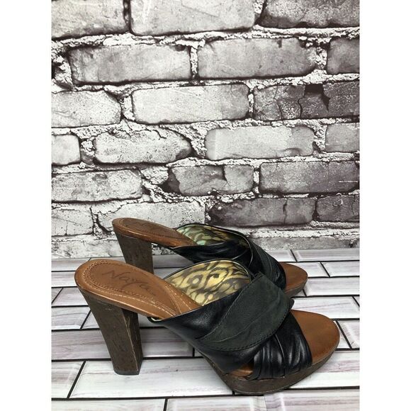 Naya Black Leather Cross Strap Casual Wooden Heel Sandals Women’s Sz 7M US/38EU - Picture 14 of 16
